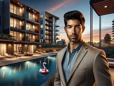 Man in a beige suit stands by a modern apartment complex with illuminated windows and a pool featuring a pink flamingo float at sunset. You too can use an FHA loan to buy a multi-family property
