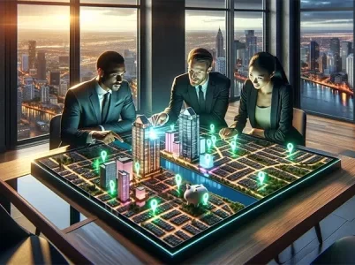 Interested in tax lien Certificates. Read this blog post. Image: Three professionals examine a detailed urban model on a table, discussing potential development with cityscape views in the background.