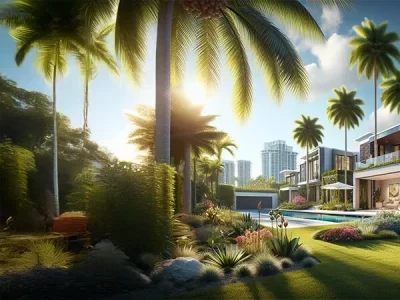 Considering Section 8. Check out our blog. This image features: Modern luxury villa with a pool, surrounded by lush gardens and tall palm trees, set against a backdrop of urban skyscrapers under a sunny sky.