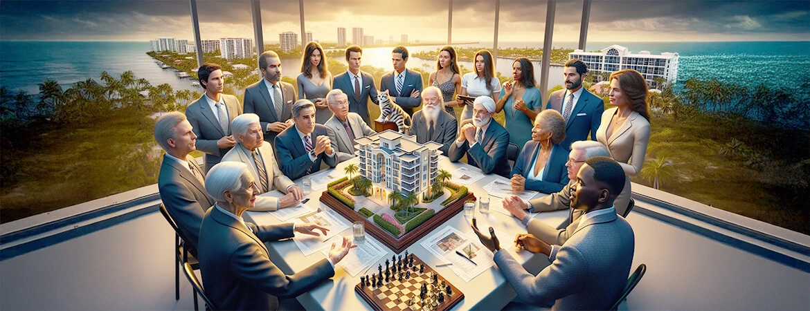 Learn more about purchasing properties with tax deeds. A diverse group of professionals discussing strategies around a model building, with a chess game and ocean views in a modern conference room.