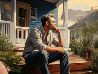 Image Man sitting on porch thinking. Post is about mortgage solutions after job loss