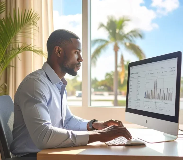 Agent Working Working at desk on customer custom home value report. Kid Breukelen Realty Group